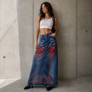 Milenium Denim Maxi Skirt Size 0 Blue Red Palm Tree Graphic Print Y2K Streetwear
